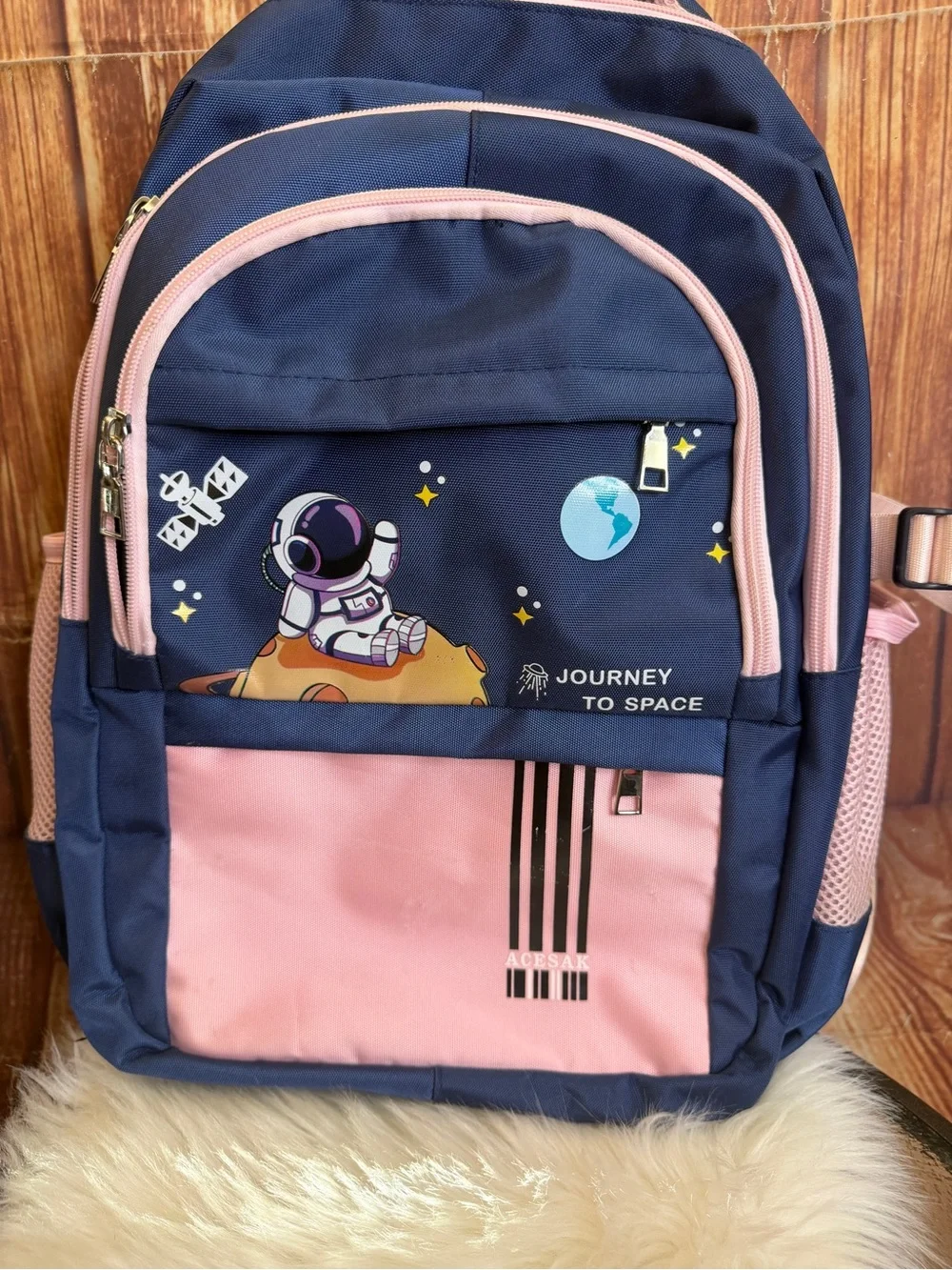 Kids Space Astronaut Backpack Navy Blue Pink USB Port School Travel Bag